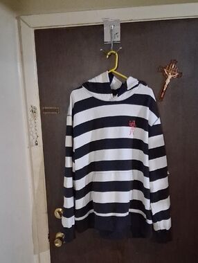 Billionaire Boys Club Black and White Striped Hoodie with Pink Logo